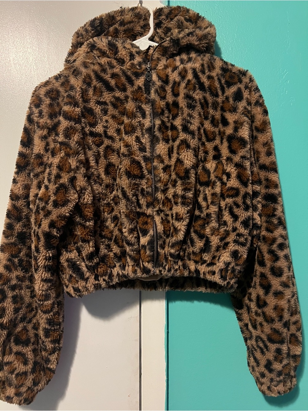 Leopard Print Faux-Fur Hooded Teddy Jacket - Brown/Black
